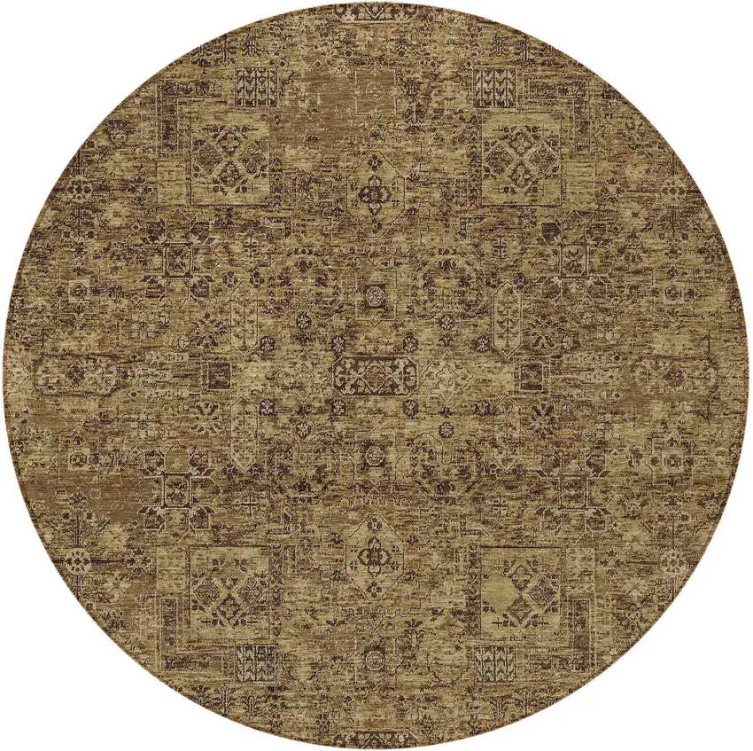 8' Brown And Taupe Round Floral Washable Indoor Outdoor Area Rug Photo 4