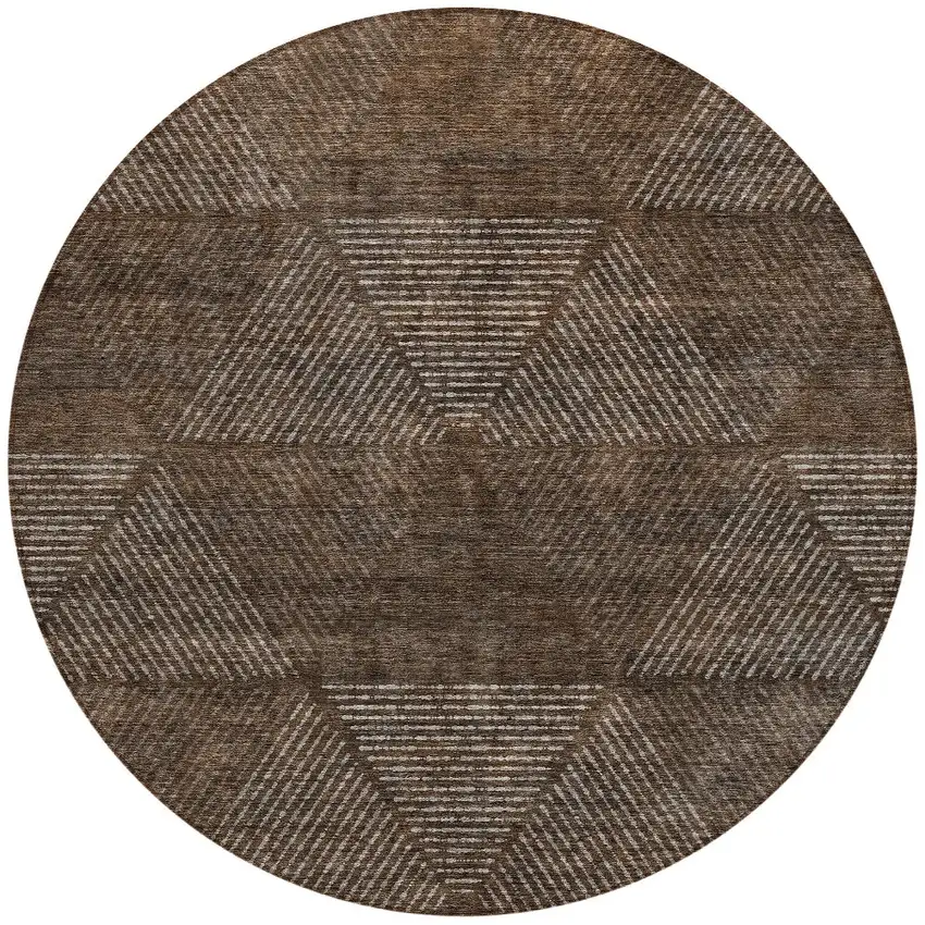 8' Brown And Taupe Round Geometric Washable Indoor Outdoor Area Rug Photo 5