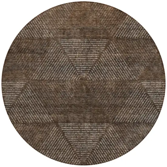 8' Brown And Taupe Round Geometric Washable Indoor Outdoor Area Rug Photo 5