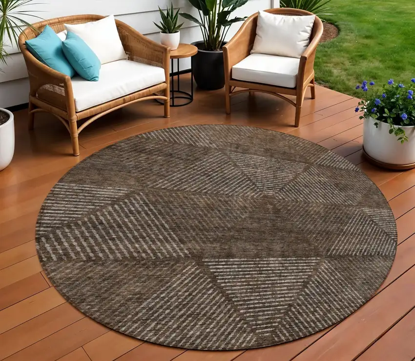 8' Brown And Taupe Round Geometric Washable Indoor Outdoor Area Rug Photo 1