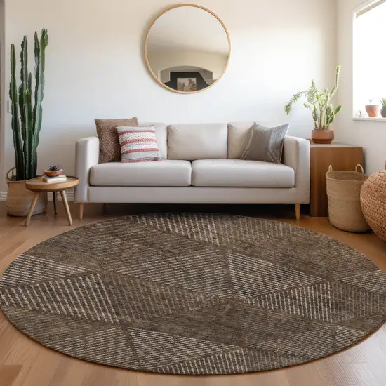 8' Brown And Taupe Round Geometric Washable Indoor Outdoor Area Rug Photo 7