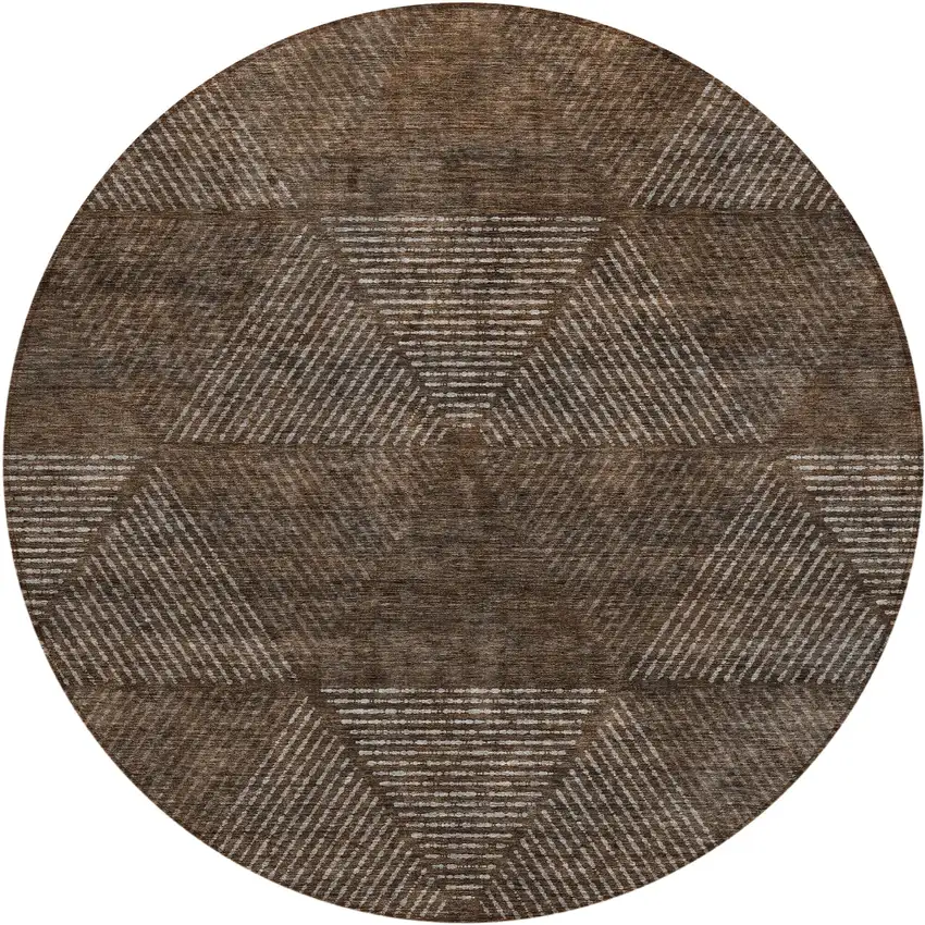 8' Brown And Taupe Round Geometric Washable Indoor Outdoor Area Rug Photo 2