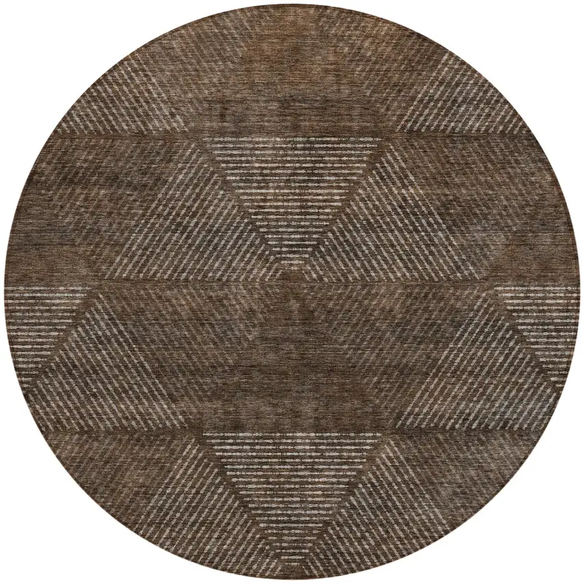 8' Brown And Taupe Round Geometric Washable Indoor Outdoor Area Rug Photo 2