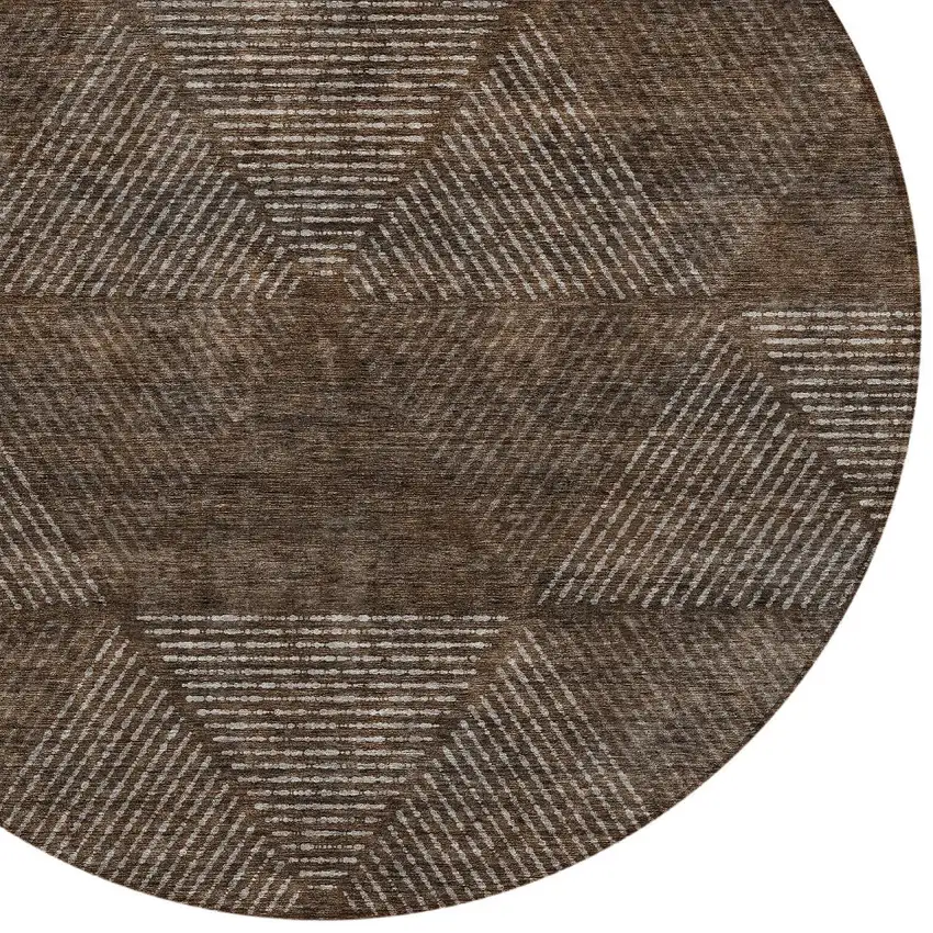 8' Brown And Taupe Round Geometric Washable Indoor Outdoor Area Rug Photo 4