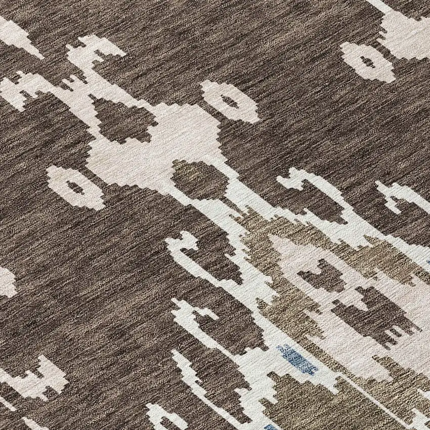 8' Brown And Taupe Round Ikat Washable Indoor Outdoor Area Rug Photo 9