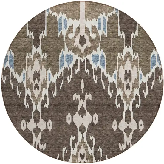 8' Brown And Taupe Round Ikat Washable Indoor Outdoor Area Rug Photo 1