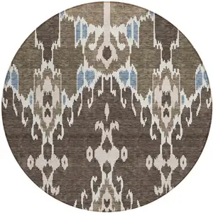 Photo of 8' Brown And Taupe Round Ikat Washable Indoor Outdoor Area Rug