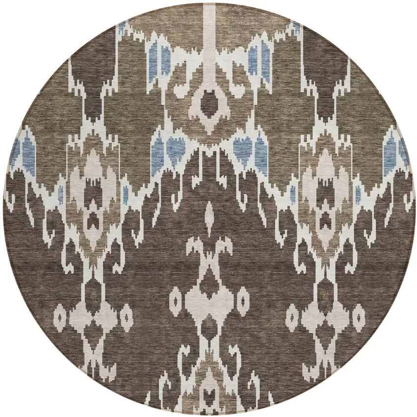 8' Brown And Taupe Round Ikat Washable Indoor Outdoor Area Rug Photo 1