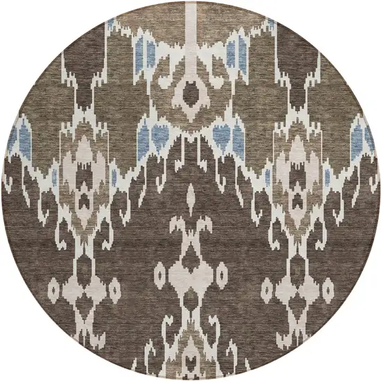 8' Brown And Taupe Round Ikat Washable Indoor Outdoor Area Rug Photo 1