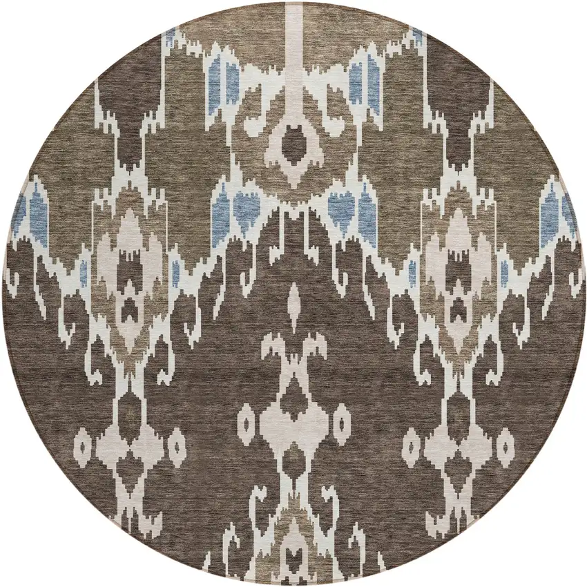 8' Brown And Taupe Round Ikat Washable Indoor Outdoor Area Rug Photo 1