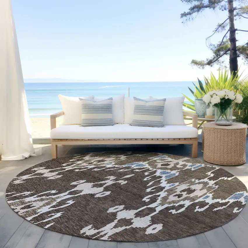 8' Brown And Taupe Round Ikat Washable Indoor Outdoor Area Rug Photo 6