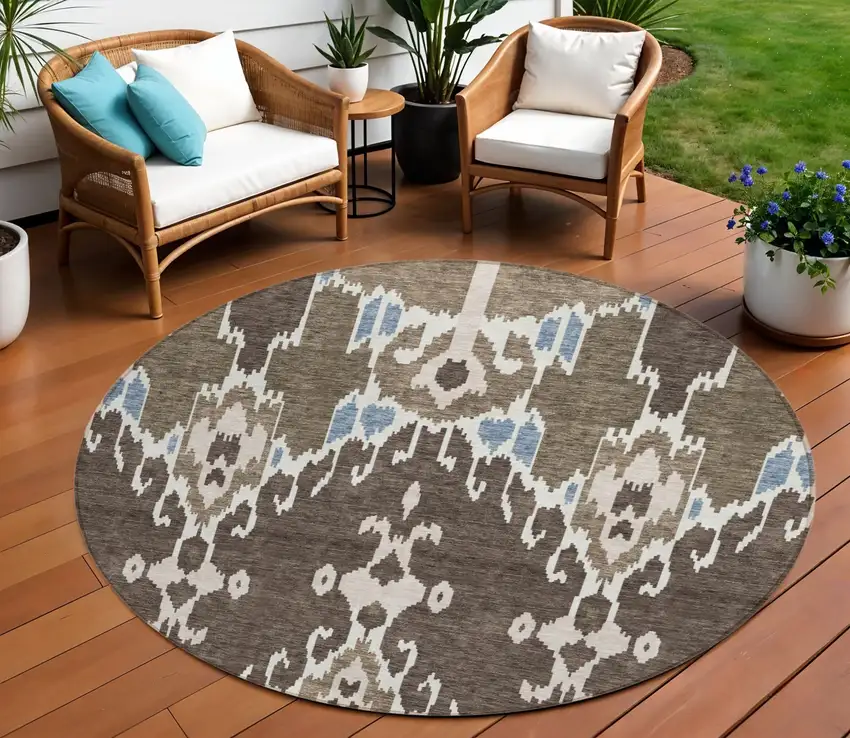8' Brown And Taupe Round Ikat Washable Indoor Outdoor Area Rug Photo 1
