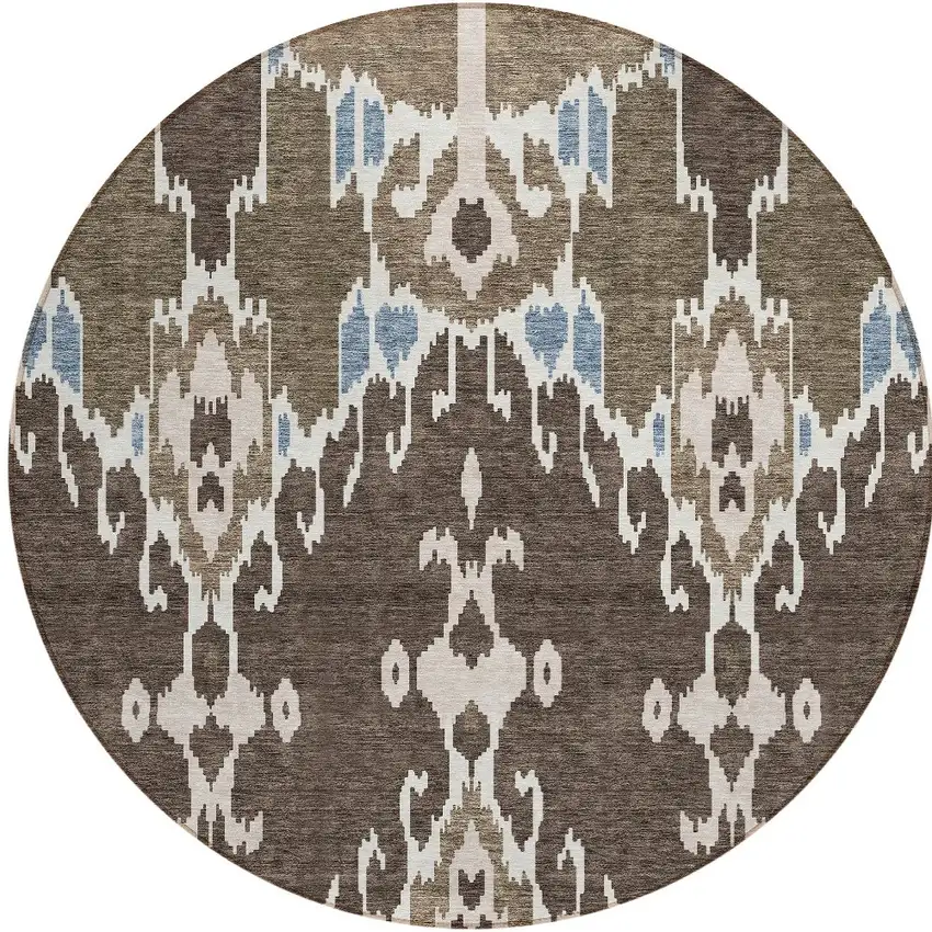 8' Brown And Taupe Round Ikat Washable Indoor Outdoor Area Rug Photo 4