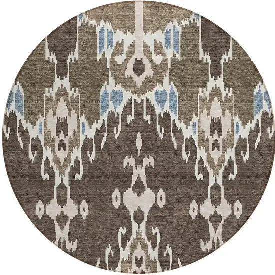 8' Brown And Taupe Round Ikat Washable Indoor Outdoor Area Rug Photo 4