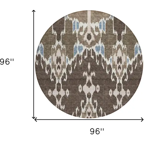 8' Brown And Taupe Round Ikat Washable Indoor Outdoor Area Rug Photo 8