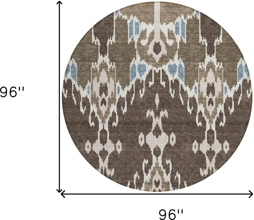8' Brown And Taupe Round Ikat Washable Indoor Outdoor Area Rug Photo 8