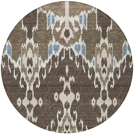 8' Brown And Taupe Round Ikat Washable Indoor Outdoor Area Rug Photo 5