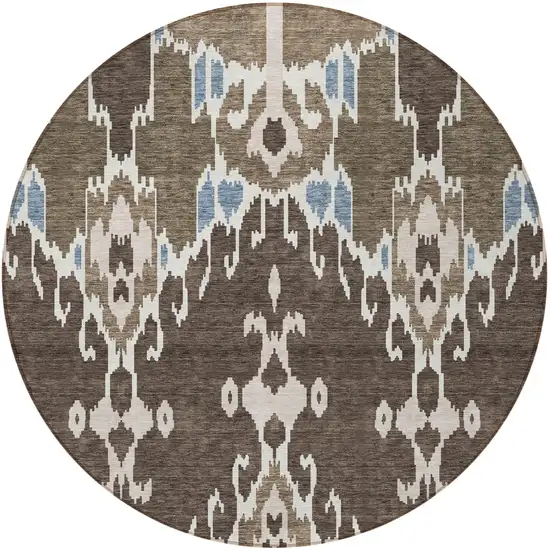 8' Brown And Taupe Round Ikat Washable Indoor Outdoor Area Rug Photo 5