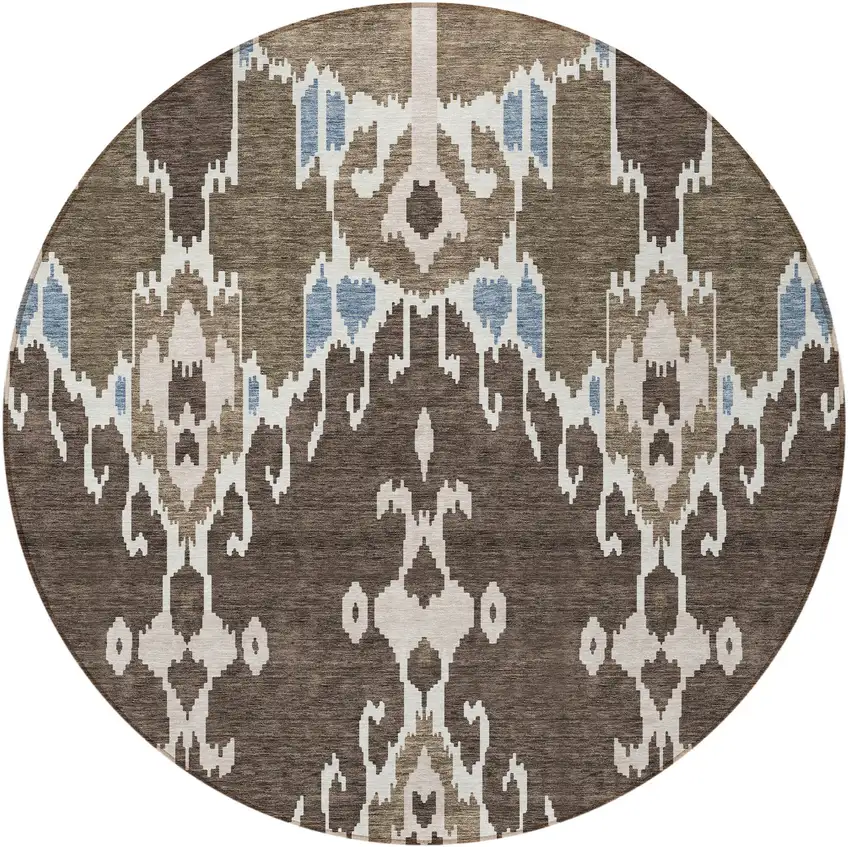 8' Brown And Taupe Round Ikat Washable Indoor Outdoor Area Rug Photo 5