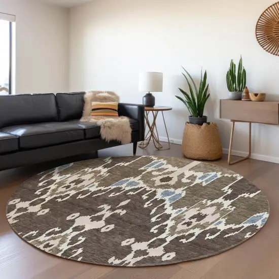 8' Brown And Taupe Round Ikat Washable Indoor Outdoor Area Rug Photo 7