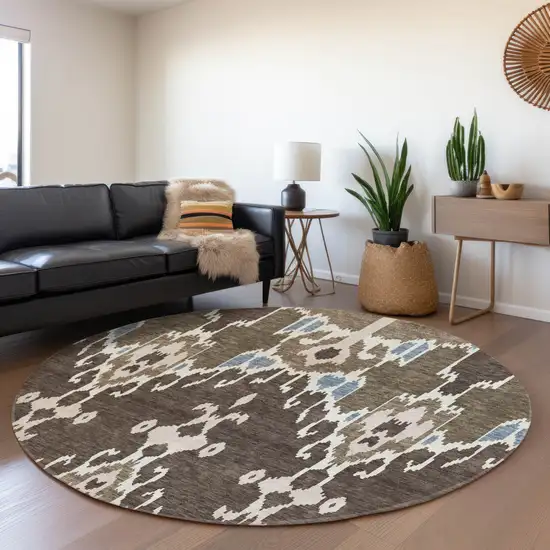 8' Brown And Taupe Round Ikat Washable Indoor Outdoor Area Rug Photo 7