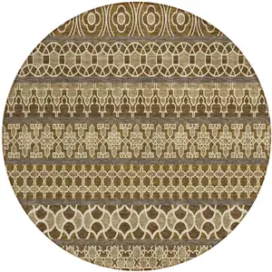 Photo of 8' Brown And Taupe Round Quatrefoil Washable Indoor Outdoor Area Rug