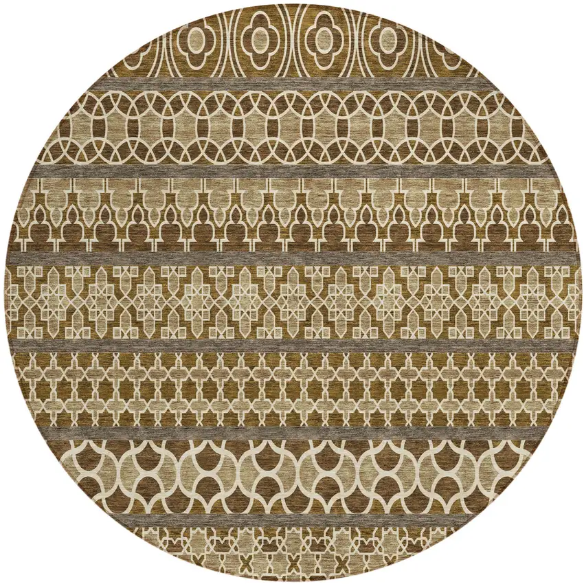 8' Brown And Taupe Round Quatrefoil Washable Indoor Outdoor Area Rug Photo 1