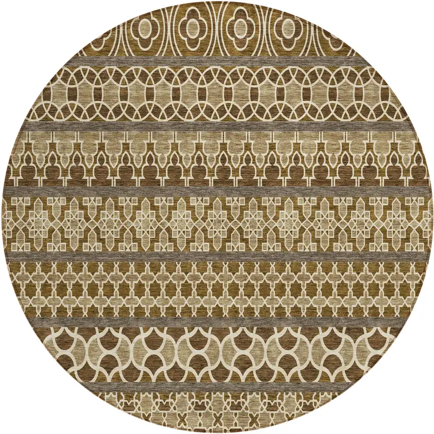 8' Brown And Taupe Round Quatrefoil Washable Indoor Outdoor Area Rug Photo 1