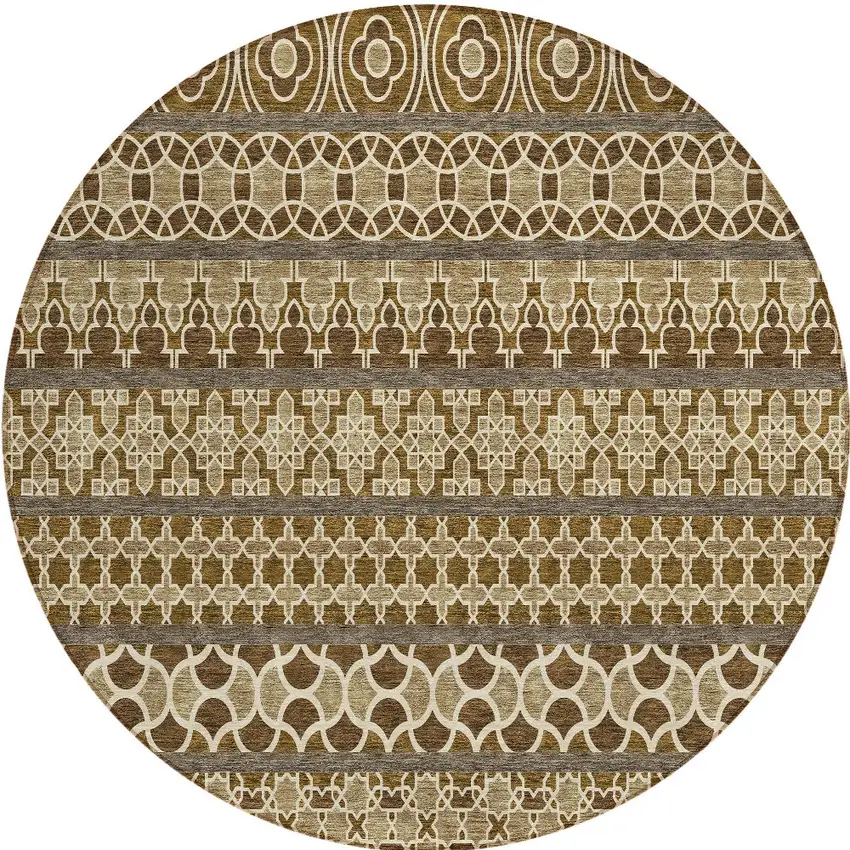 8' Brown And Taupe Round Quatrefoil Washable Indoor Outdoor Area Rug Photo 6