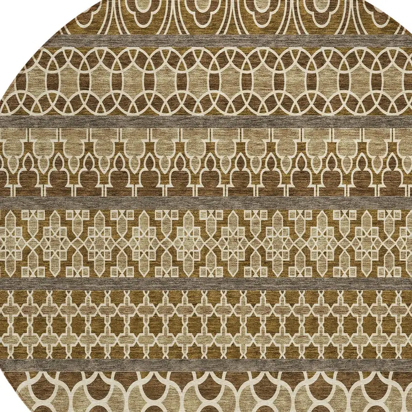 8' Brown And Taupe Round Quatrefoil Washable Indoor Outdoor Area Rug Photo 4
