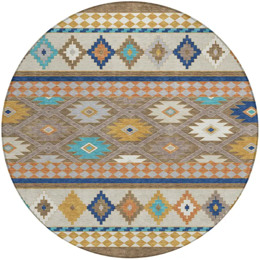 8' Brown And Taupe Round Southwestern Washable Indoor Outdoor Area Rug Photo 2