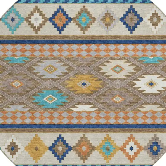 8' Brown And Taupe Round Southwestern Washable Indoor Outdoor Area Rug Photo 3