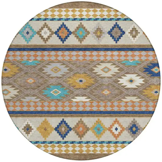 8' Brown And Taupe Round Southwestern Washable Indoor Outdoor Area Rug Photo 4