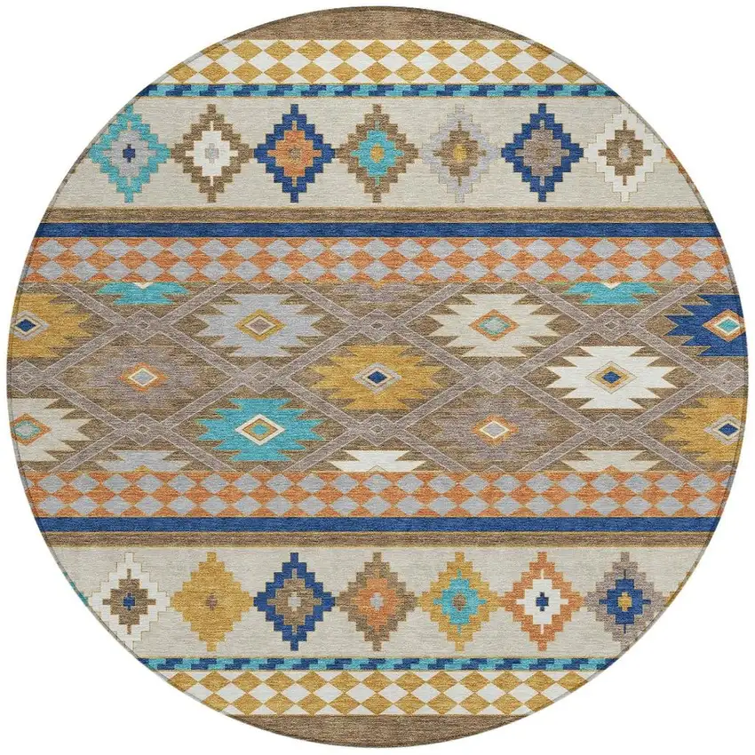 8' Brown And Taupe Round Southwestern Washable Indoor Outdoor Area Rug Photo 4