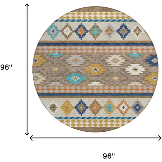 8' Brown And Taupe Round Southwestern Washable Indoor Outdoor Area Rug Photo 7