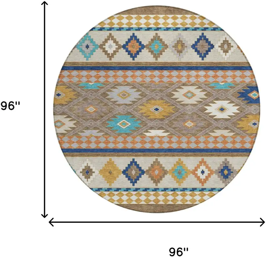 8' Brown And Taupe Round Southwestern Washable Indoor Outdoor Area Rug Photo 7