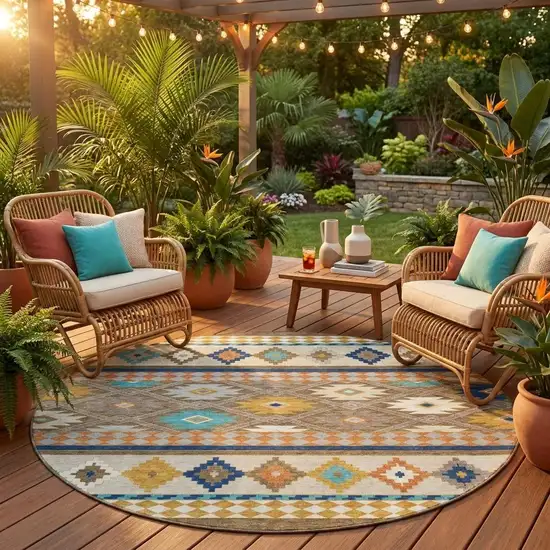 8' Brown And Taupe Round Southwestern Washable Indoor Outdoor Area Rug Photo 1