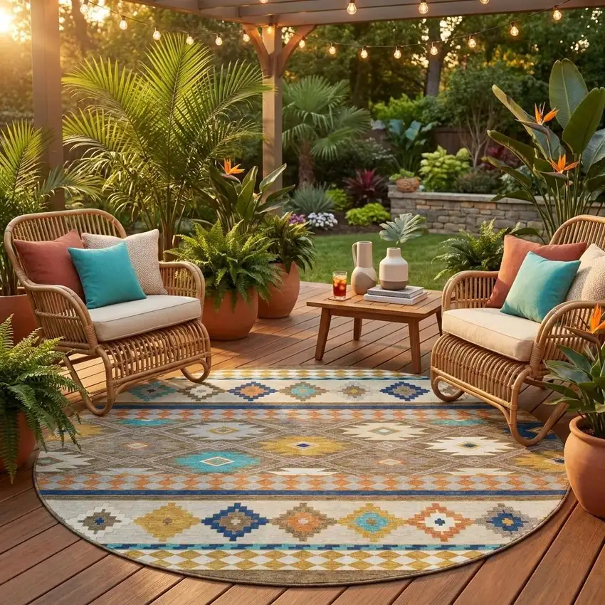 8' Brown And Taupe Round Southwestern Washable Indoor Outdoor Area Rug Photo 1