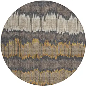 Photo of 8' Brown And Taupe Round Striped Washable Indoor Outdoor Area Rug