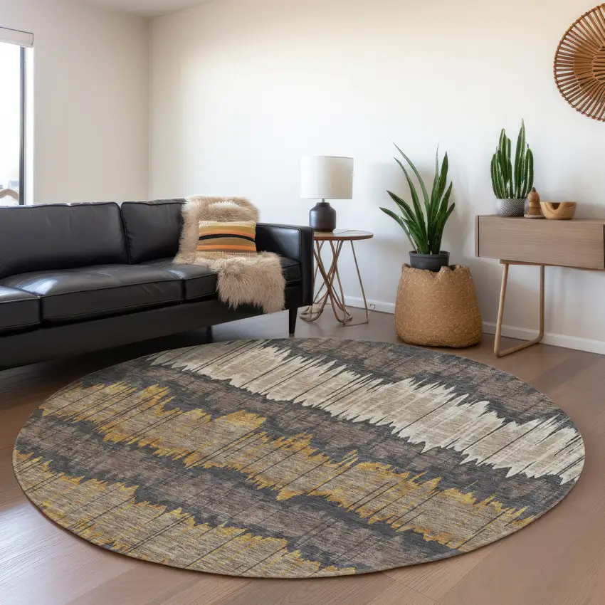 8' Brown And Taupe Round Striped Washable Indoor Outdoor Area Rug Photo 7