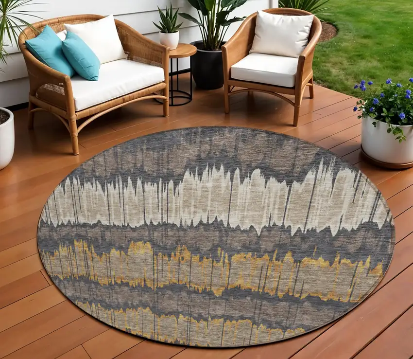 8' Brown And Taupe Round Striped Washable Indoor Outdoor Area Rug Photo 1