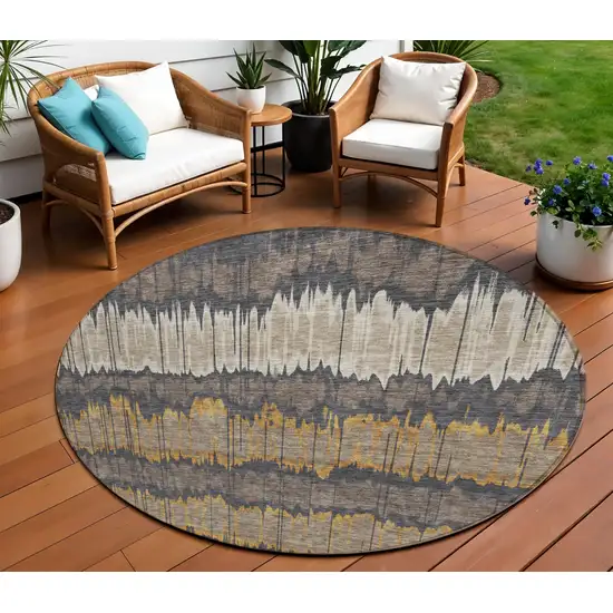 8' Brown And Taupe Round Striped Washable Indoor Outdoor Area Rug Photo 1