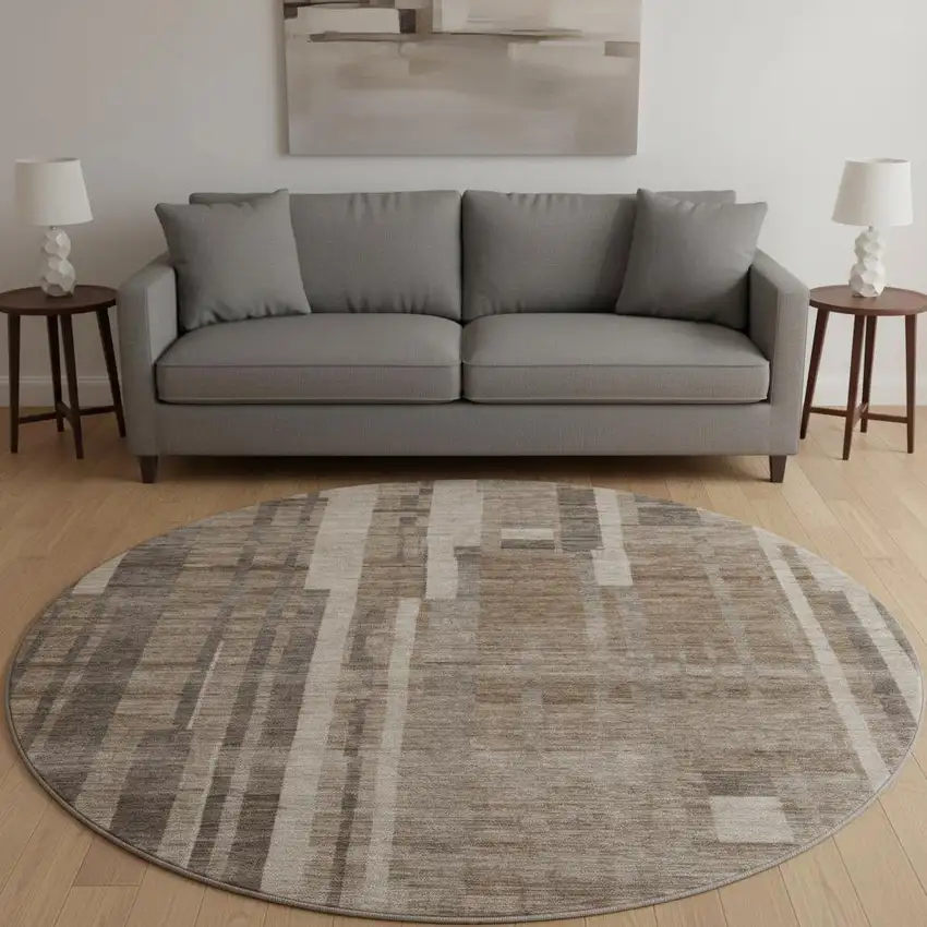 8' Brown And Taupe Striped Washable Round Rug With UV Protection Photo 2