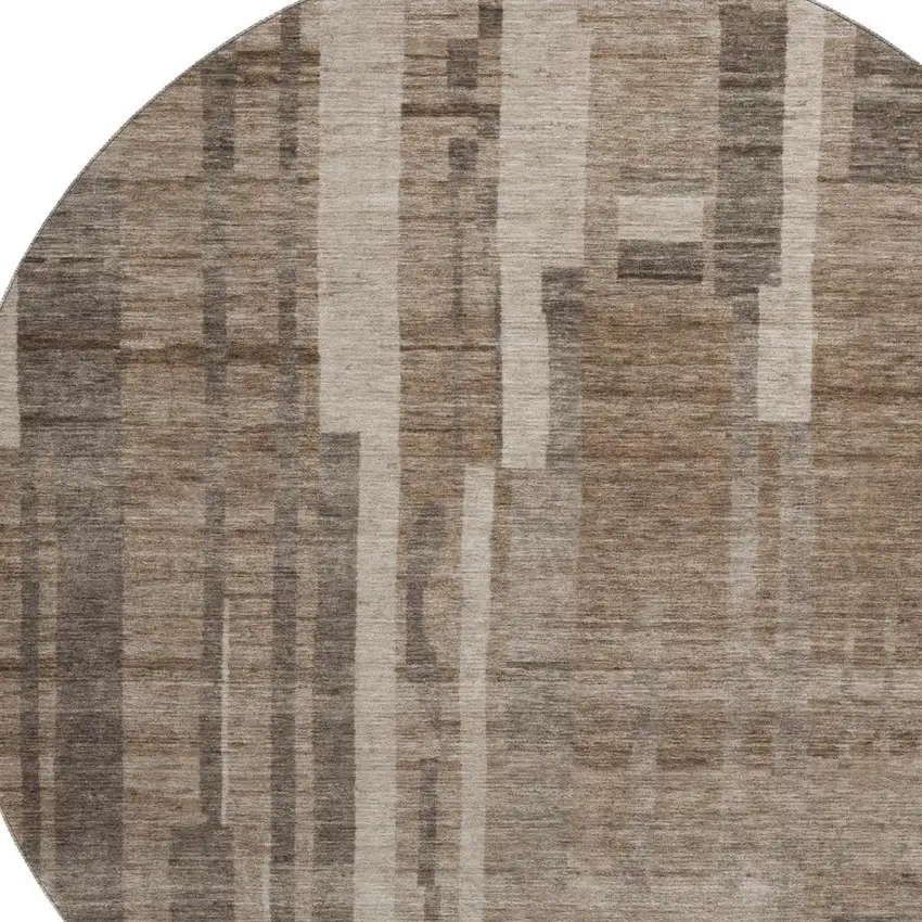 8' Brown And Taupe Striped Washable Round Rug With UV Protection Photo 2