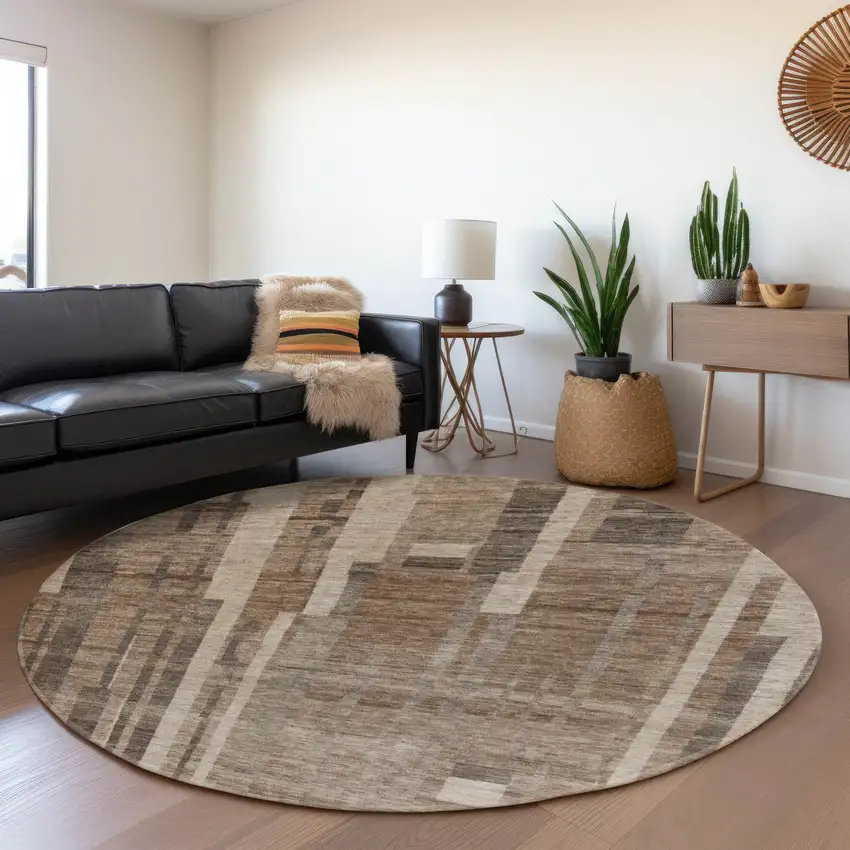 8' Brown And Taupe Striped Washable Round Rug With UV Protection Photo 4