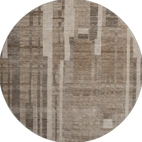 8' Brown And Taupe Striped Washable Round Rug With UV Protection Photo 3
