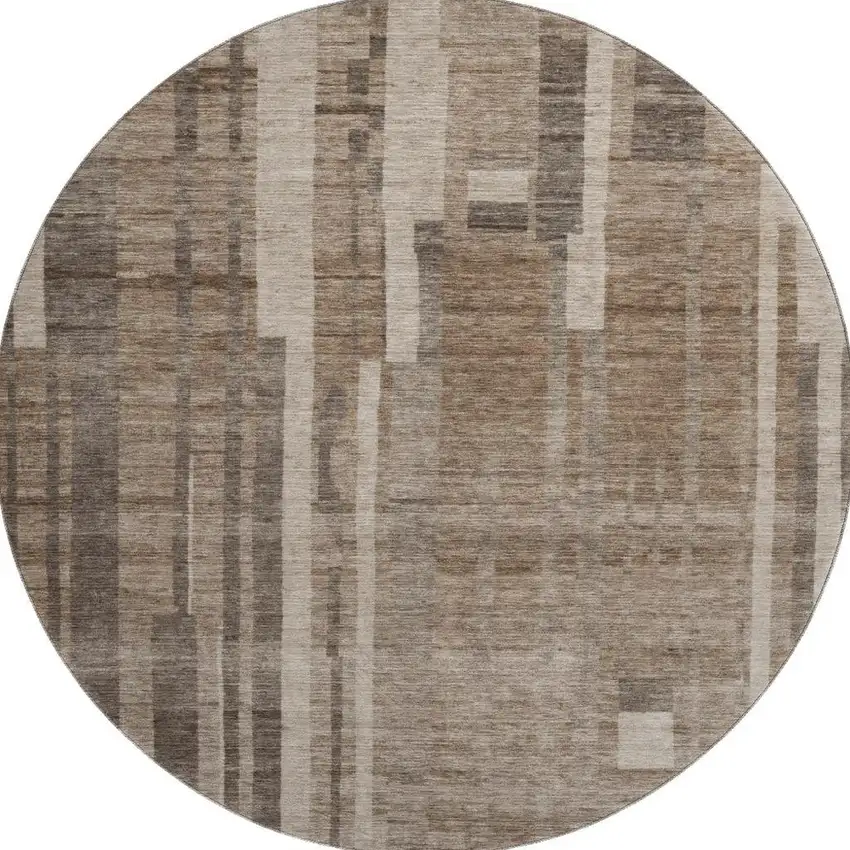8' Brown And Taupe Striped Washable Round Rug With UV Protection Photo 3
