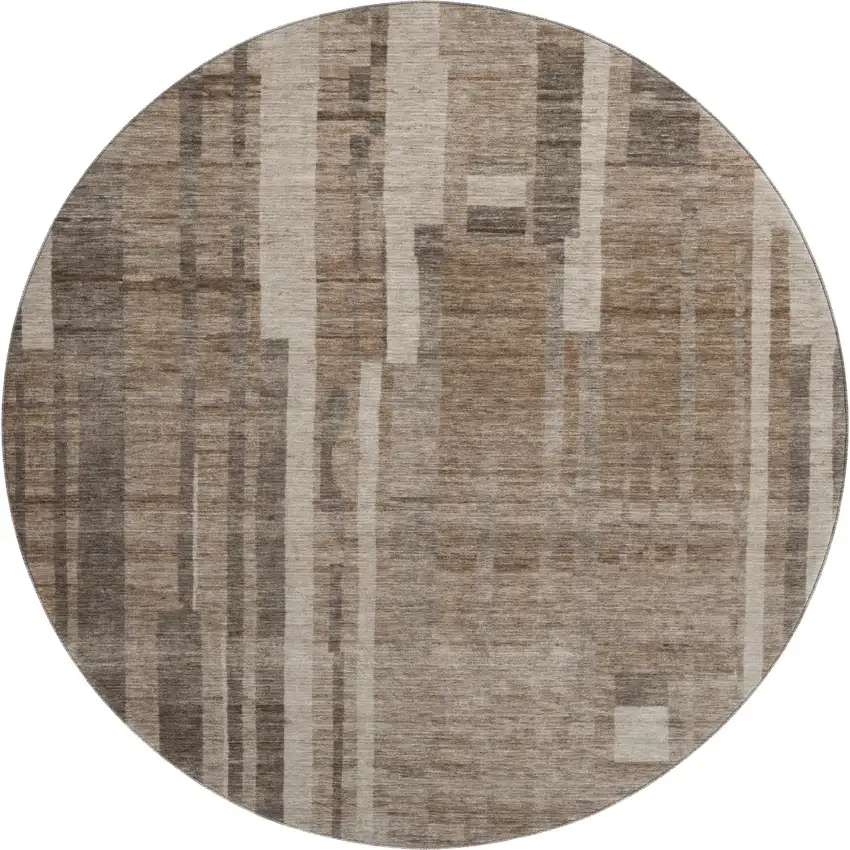 8' Brown And Taupe Striped Washable Round Rug With UV Protection Photo 1