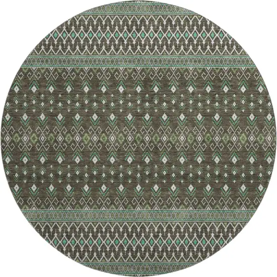 8' Brown And Taupe Tribal Washable Round Rug With UV Protection Photo 1