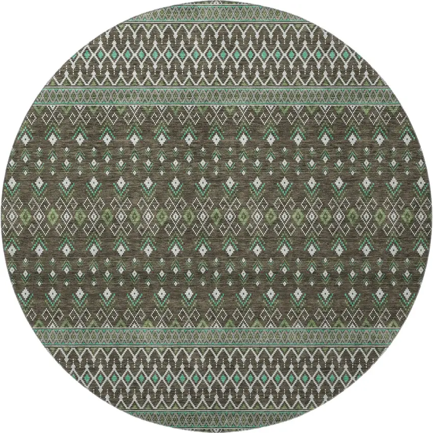 8' Brown And Taupe Tribal Washable Round Rug With UV Protection Photo 3